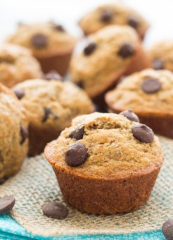 Close up of almond butter banana muffins with chocolate chips.