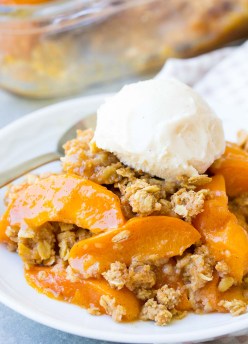 Close up of fresh apricot crisp on a white plate, topped with a scoop of vanilla ice cream.