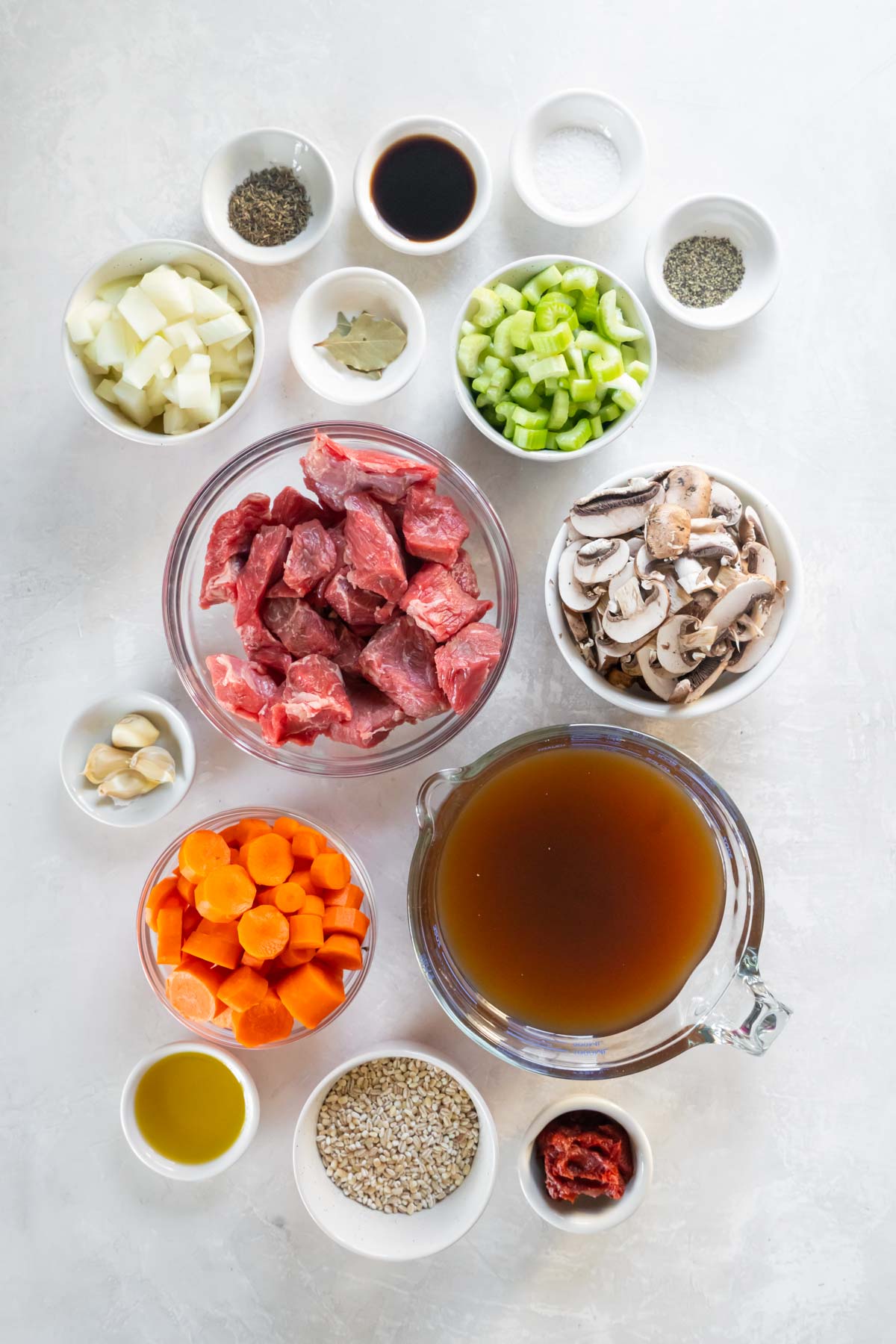 Ingredients for beef barley soup recipe.