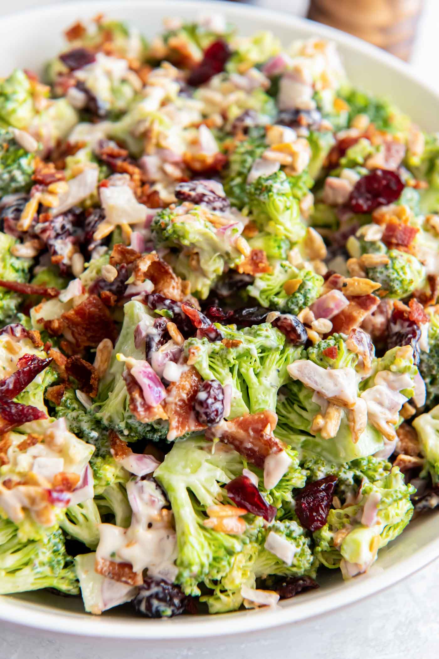 Close up of homemade broccoli salad in a bowl.