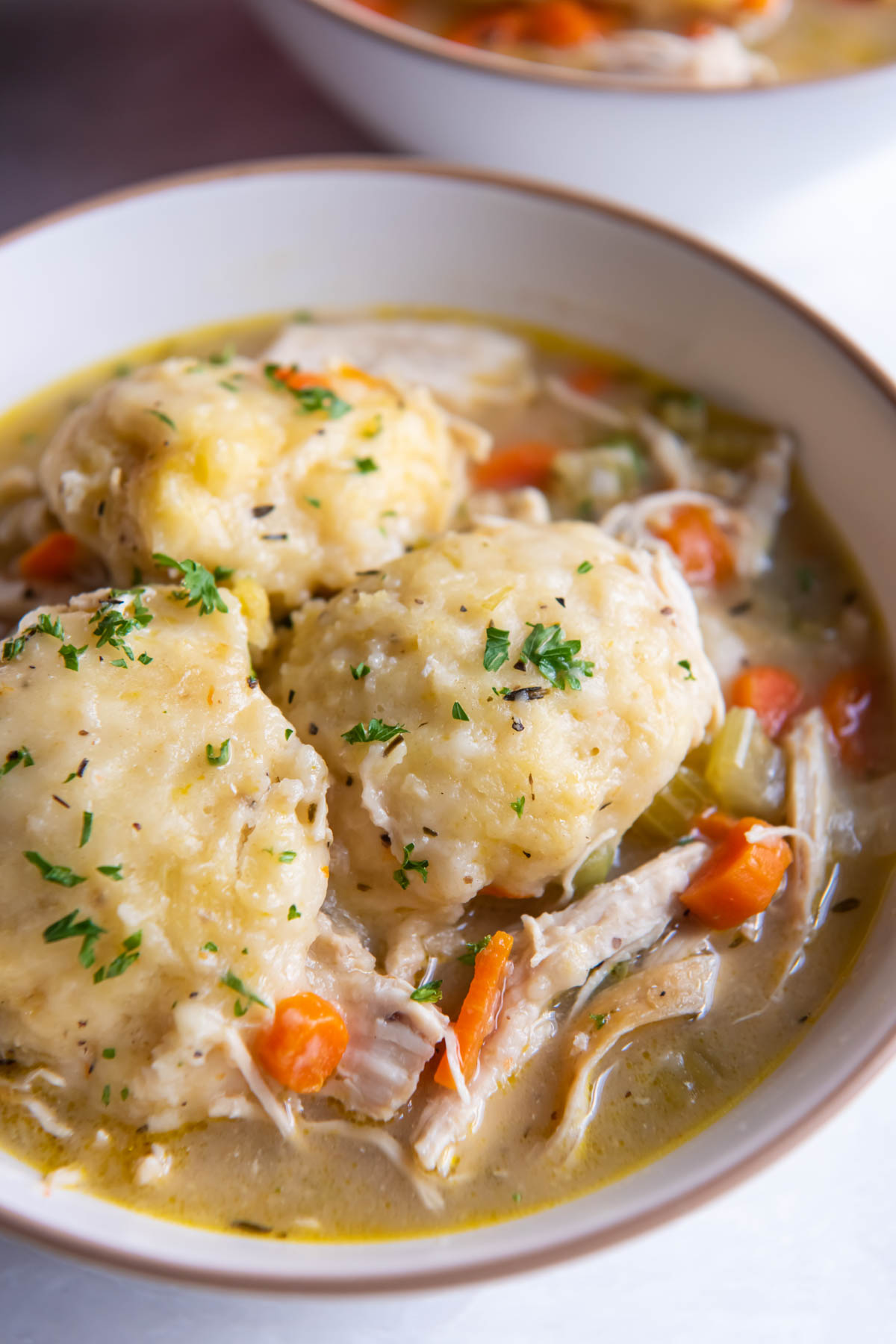 Chicken and dumplings served in a bowl with chopped parsley.