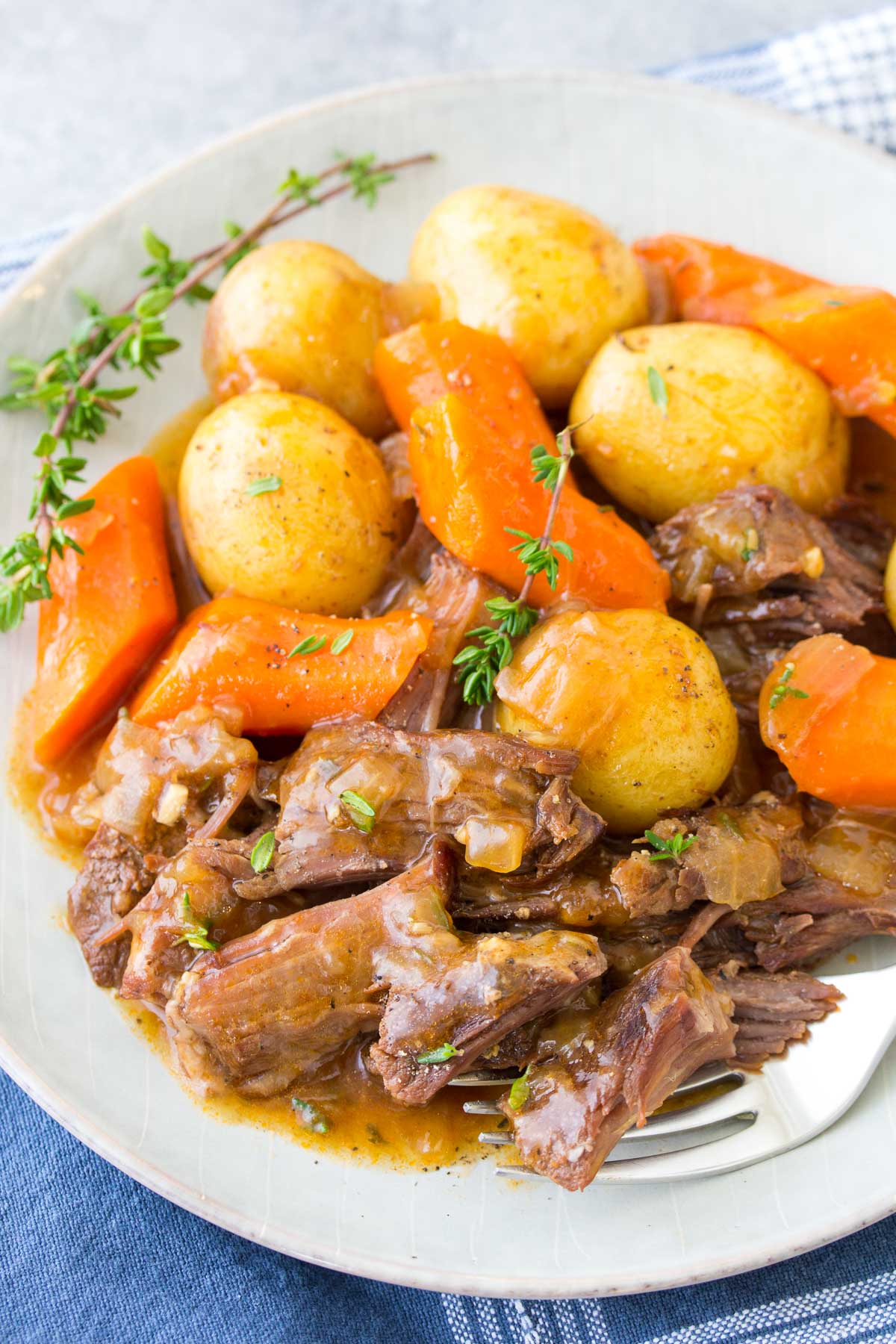 Pot roast with vegetables and gravy served on a plate.