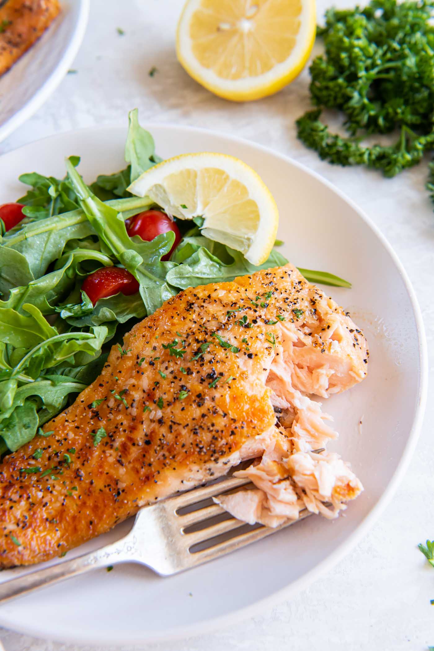 Pan seared salmon fillet with some flaked fish on a fork, served on a plate with arugula salad.