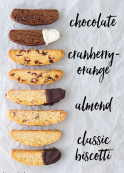 Four flavors of biscotti cookies. Classic biscotti, almond biscotti, chocolate biscotti and cranberry orange biscotti.
