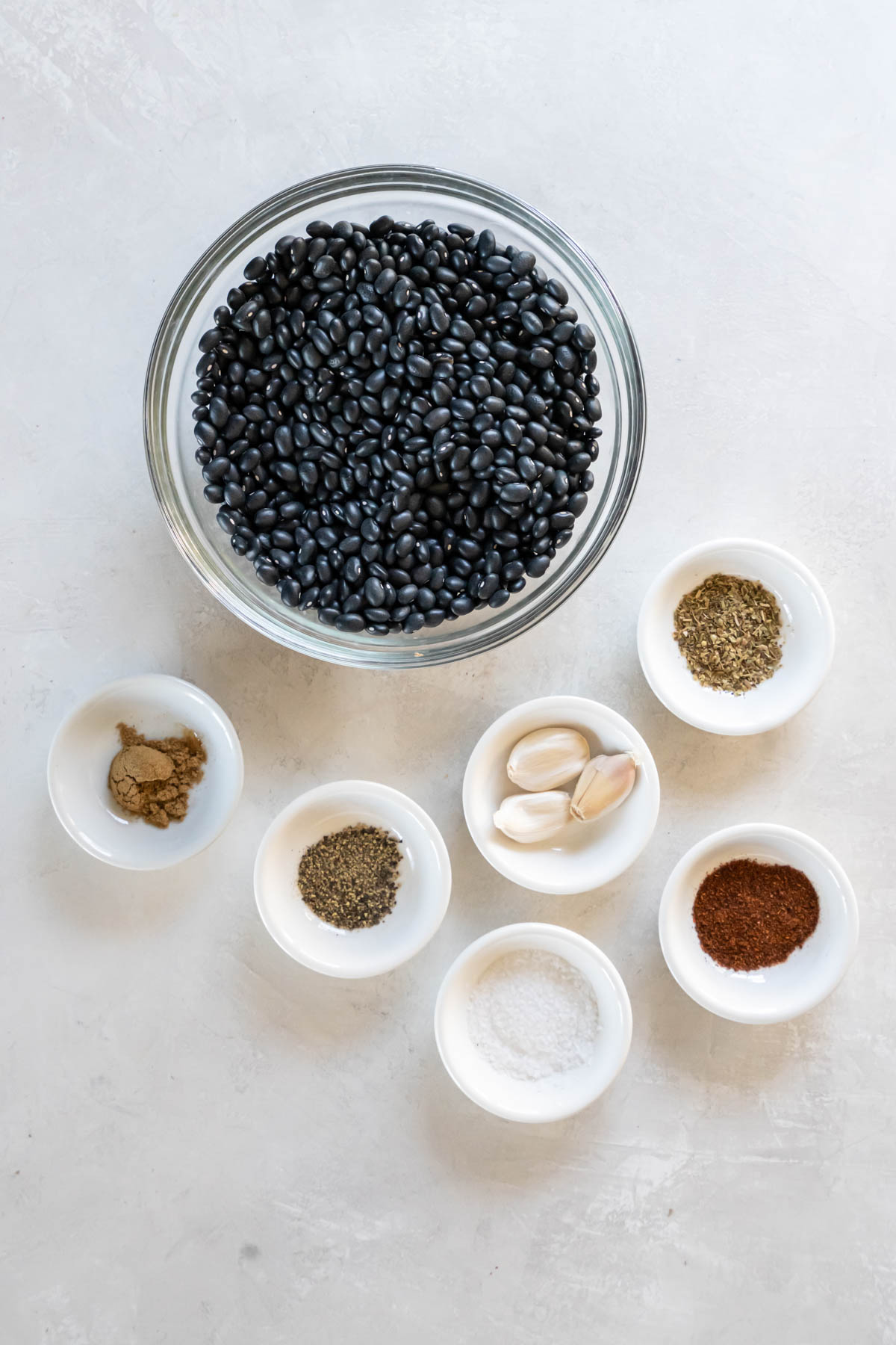 Ingredients for cooking black beans from scratch.