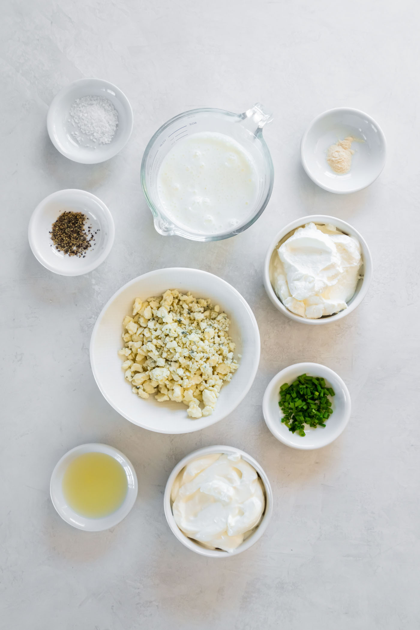 Ingredients for blue cheese dressing recipe.