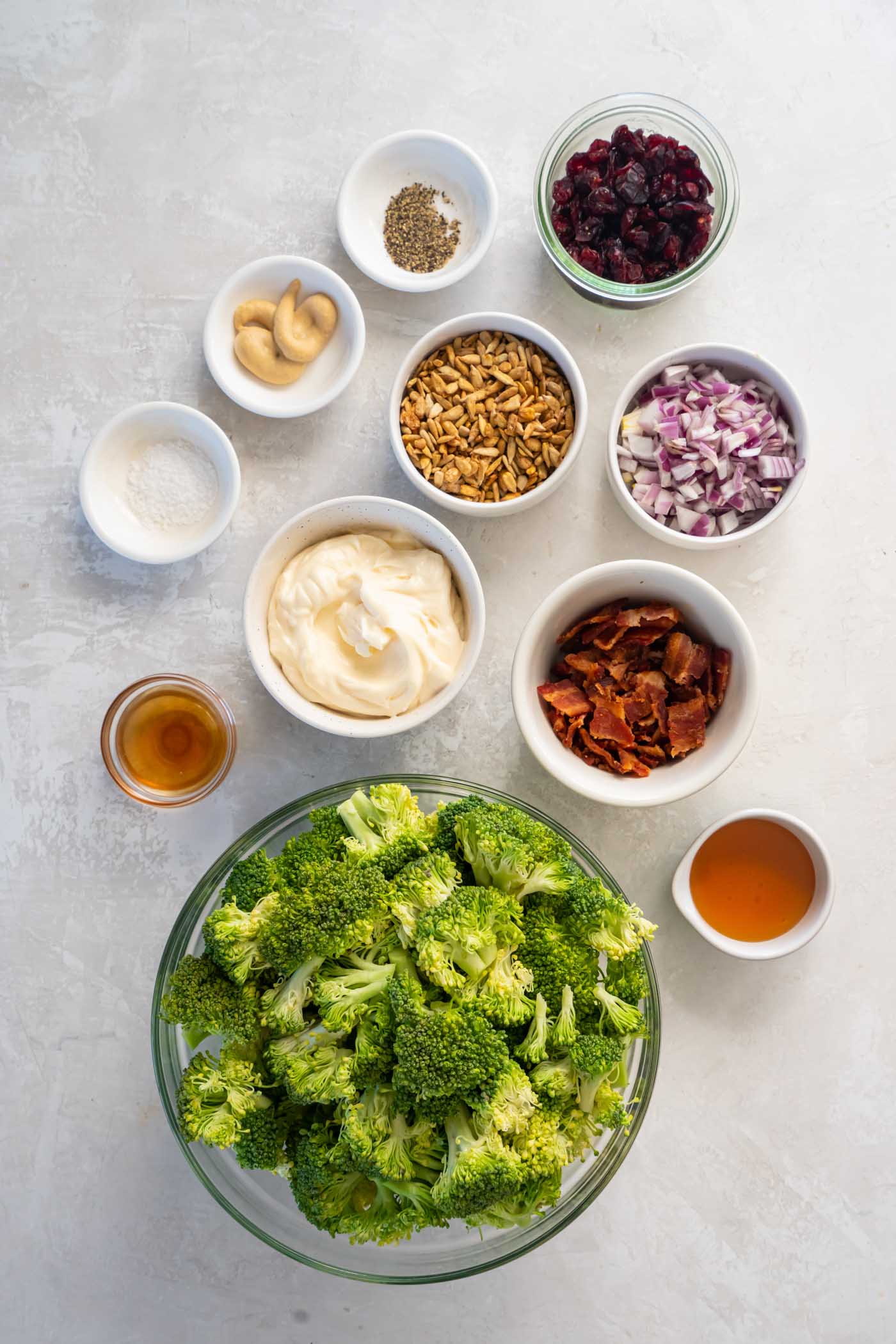 Ingredients for broccoli salad recipe.