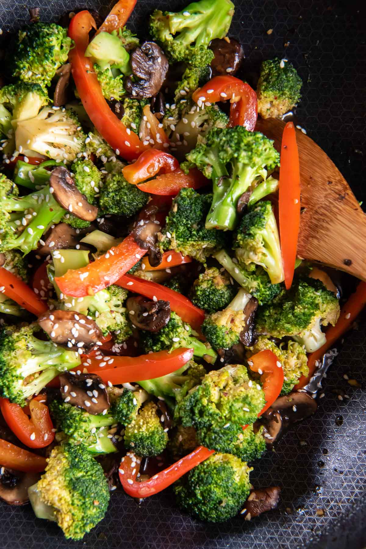 Broccoli stir fry in a skillet.