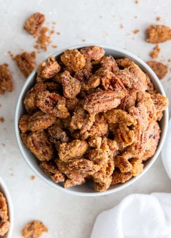candied pecans in a small bowl