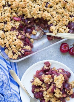 An easy cherry pie crumble recipe with an oat crisp topping. This healthier dessert can be made with any summer fruit and is refined sugar free. | www.kristineskitchenblog.com