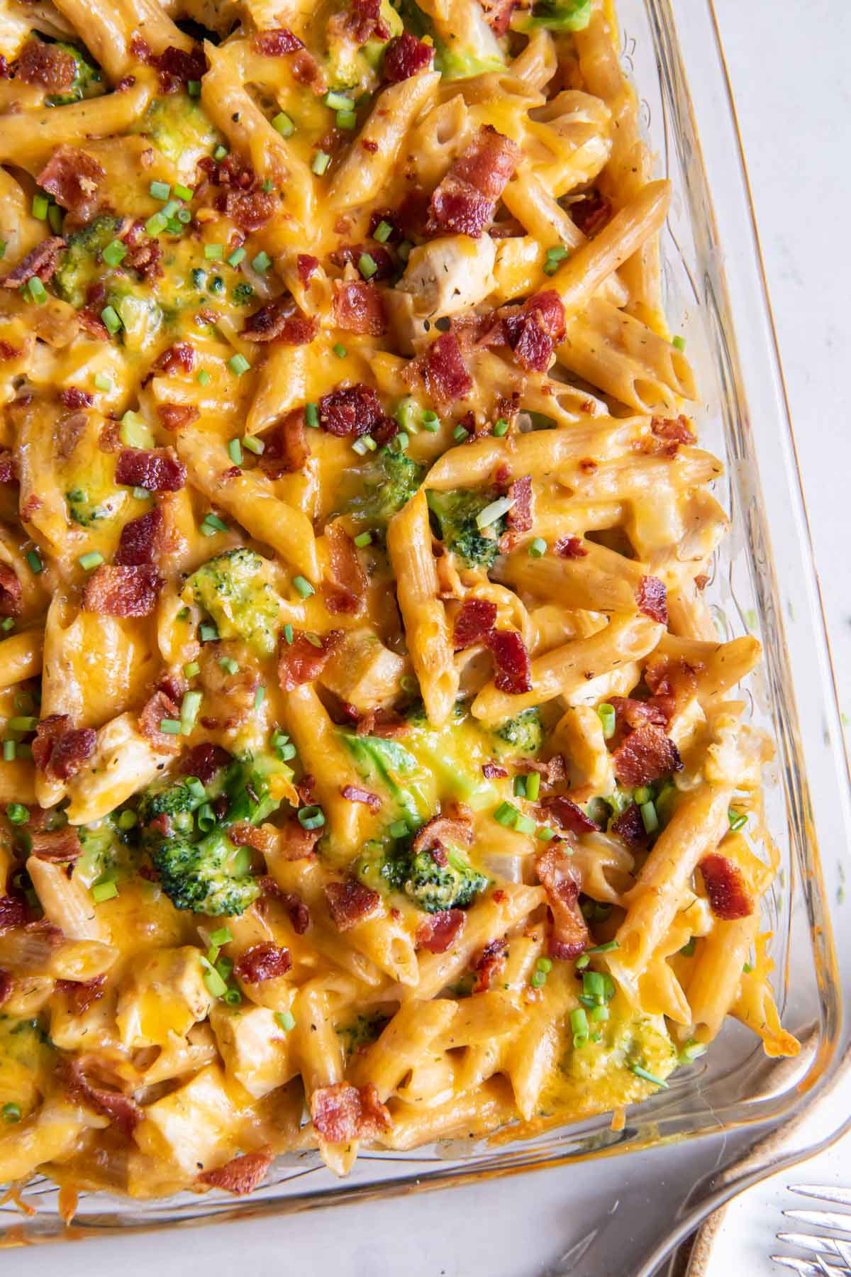 Chicken bacon ranch casserole in baking dish.