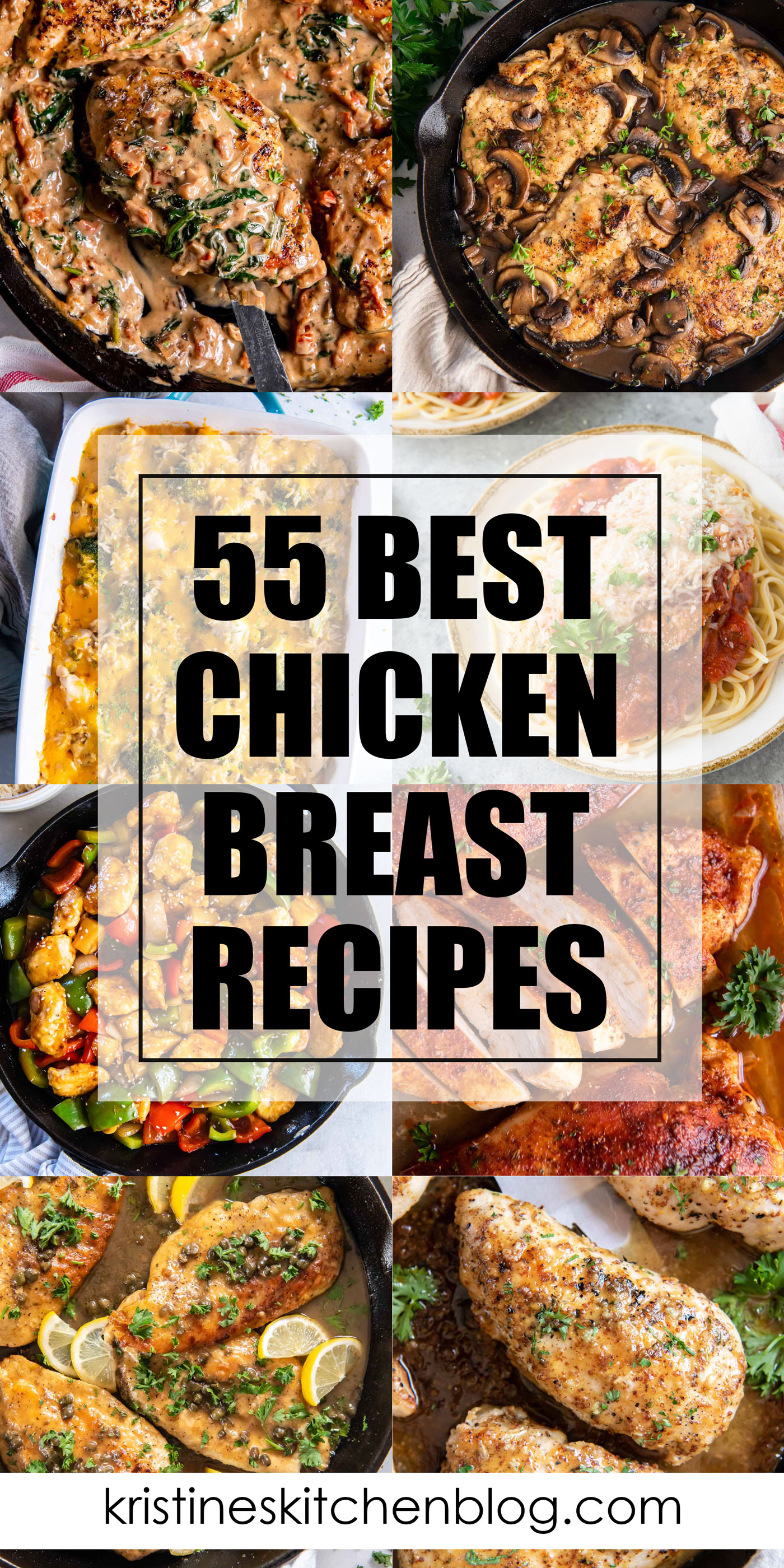 Collage of 8 photos of chicken breast recipes with text overlay.