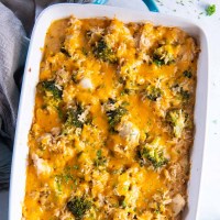 Baked chicken broccoli rice casserole in a baking dish.
