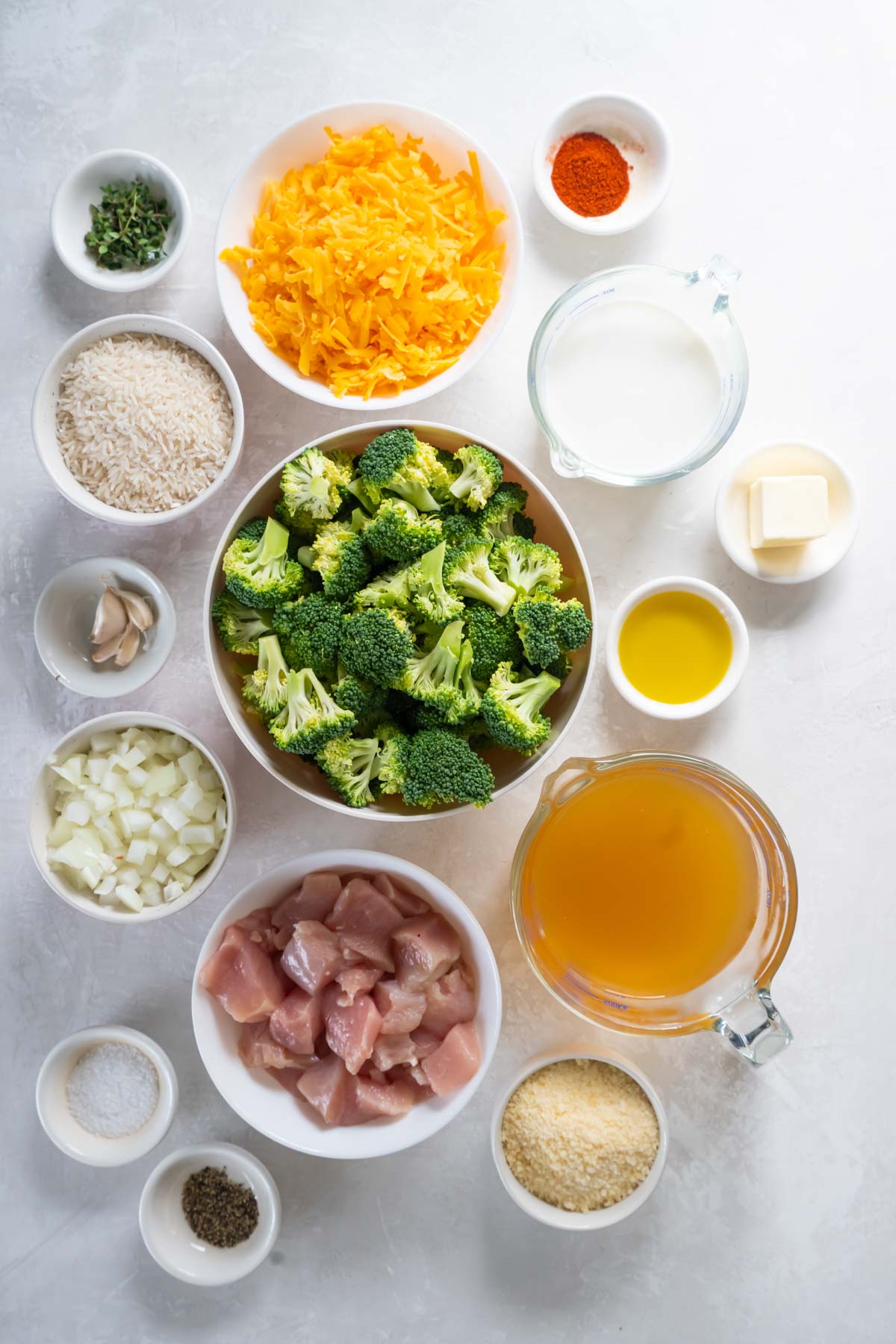 Ingredients for chicken broccoli rice casserole recipe.