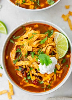 Bowl of chicken enchilada soup with toppings.