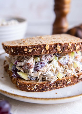 Chicken salad sandwich on whole wheat bread.