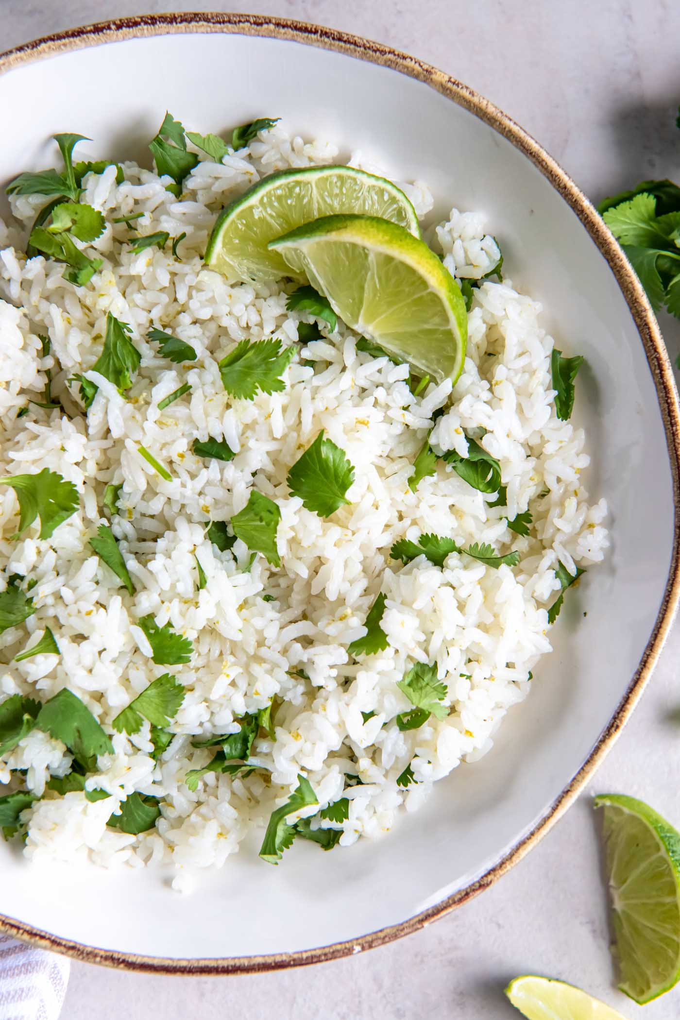 Close up of cilantro lime rice in a serving bowl.