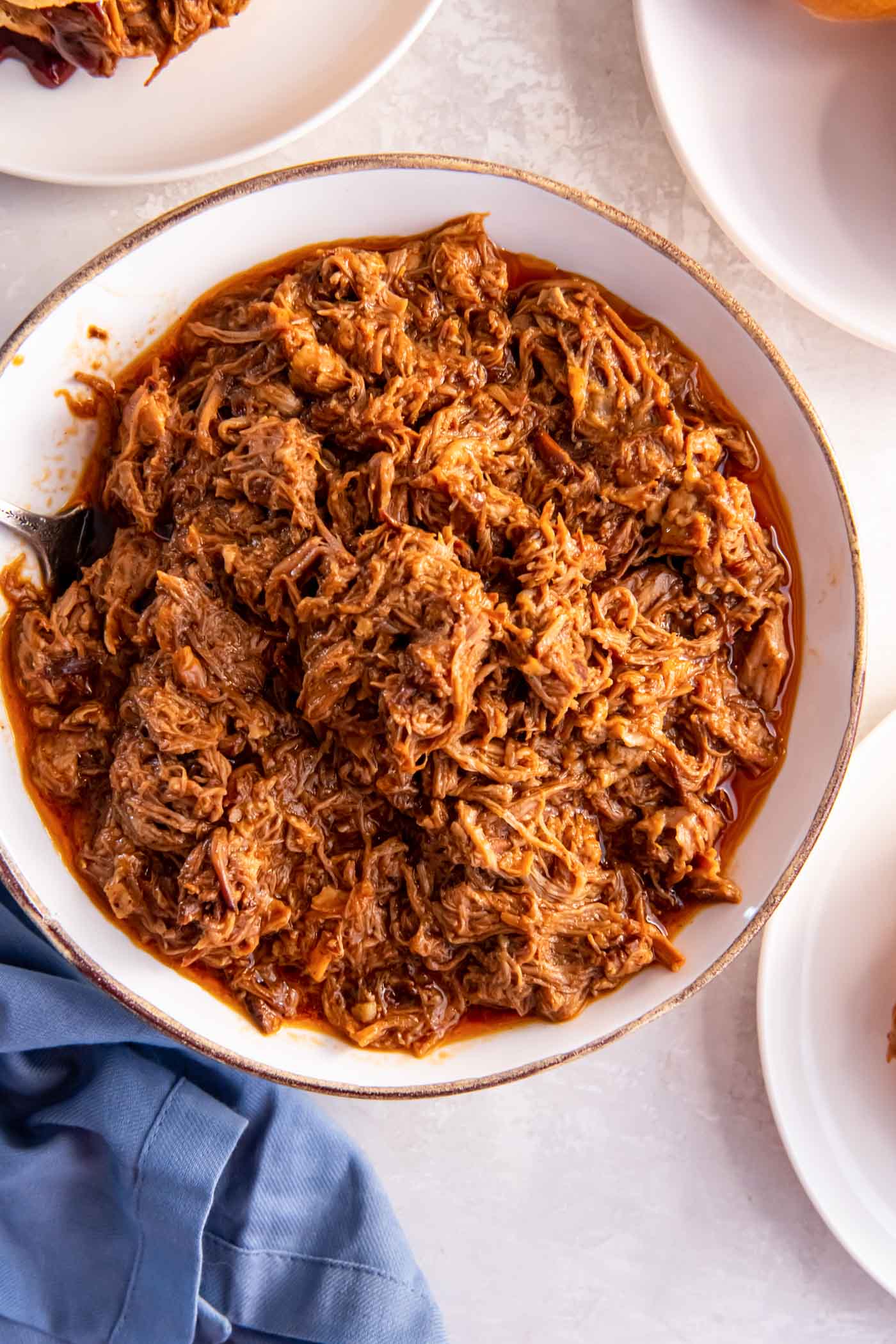 Pulled pork in a serving bowl.