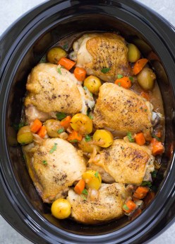 Crockpot chicken and potatoes with carrots and gravy.