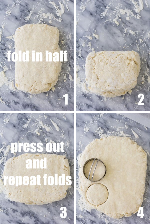 Step by step of how to fold (laminate) the dough and cut the biscuits.