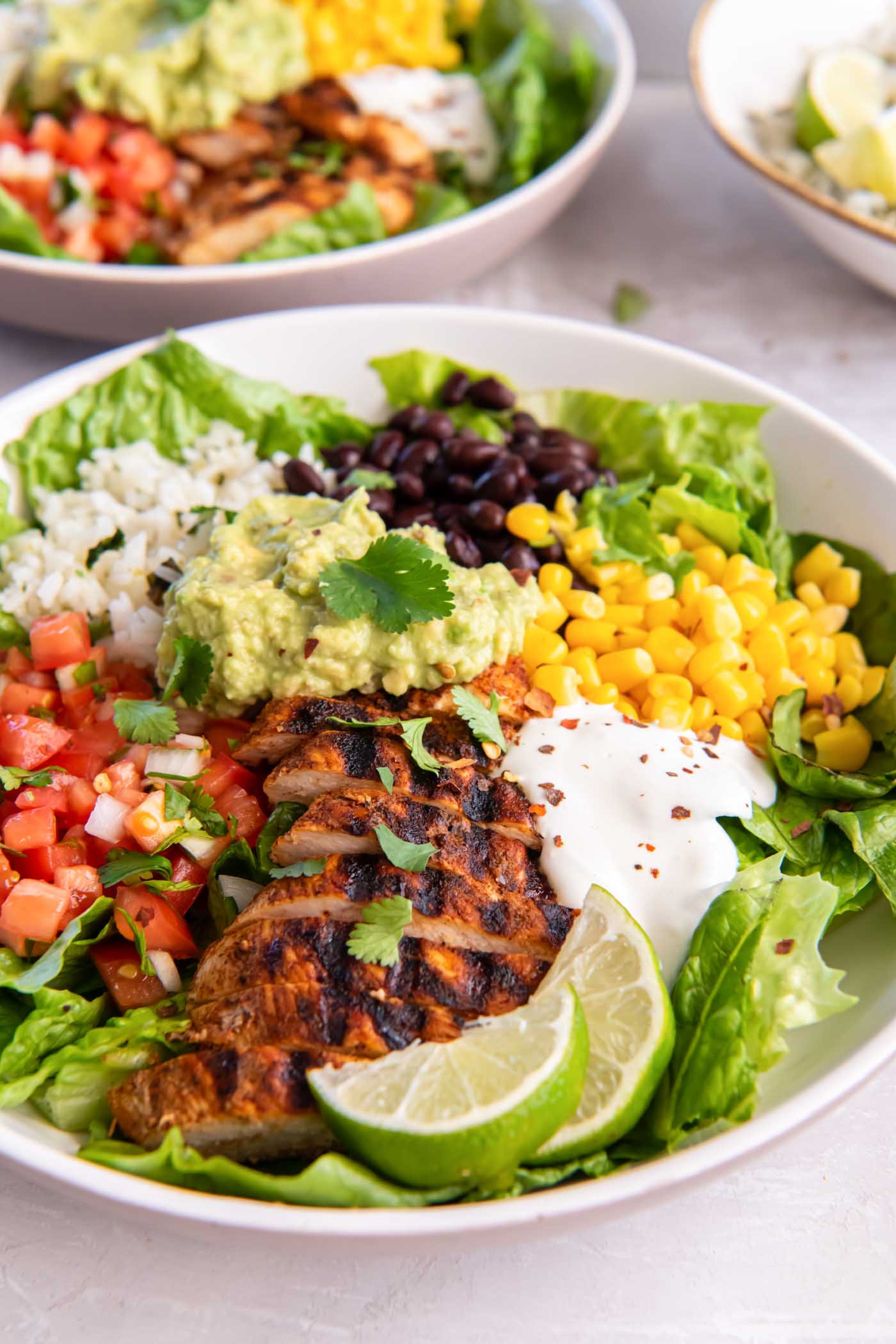 Chicken burrito bowl with ingredients placed in different sections of the bowl, with lime wedge garnish.
