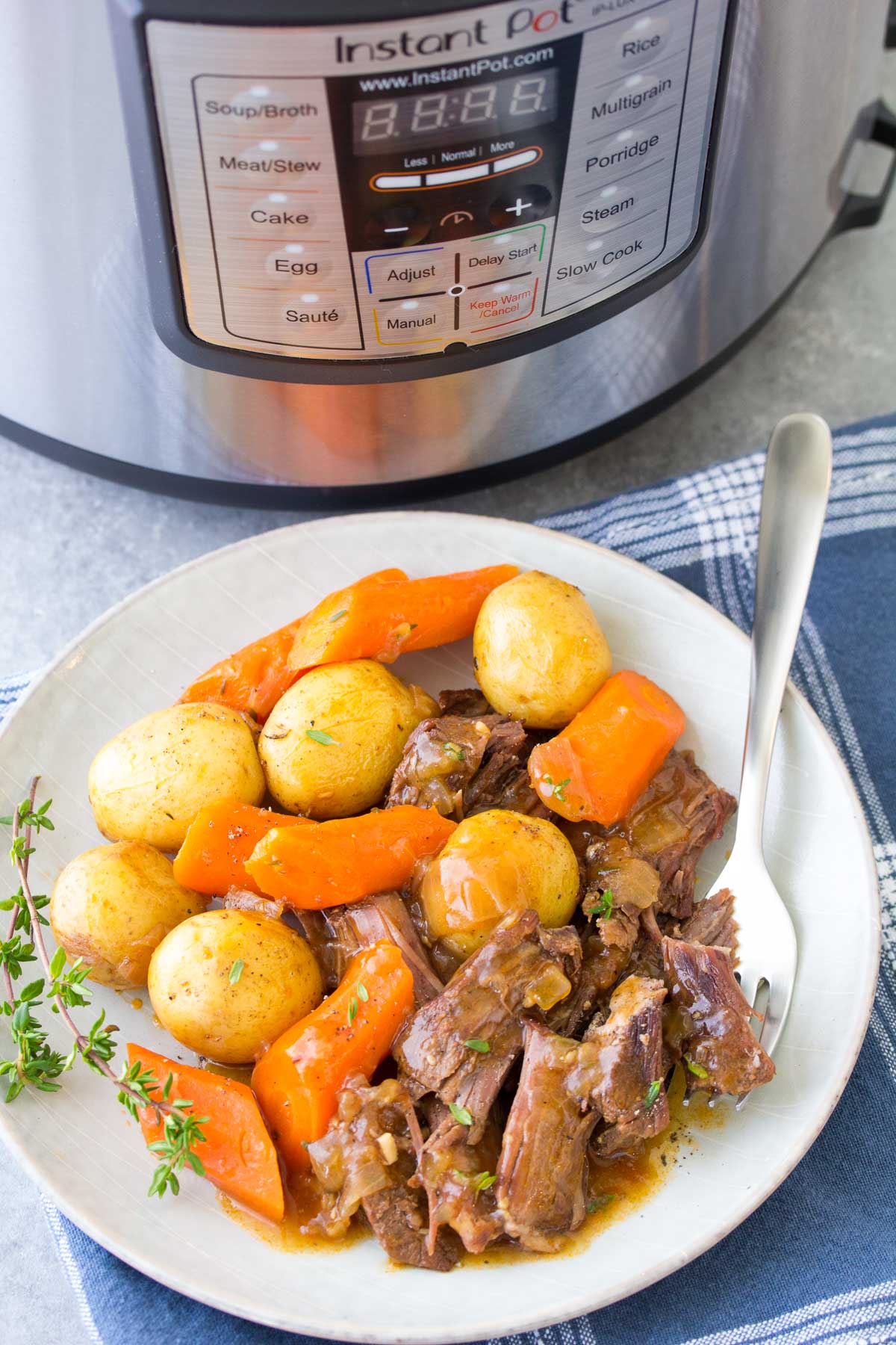 Pot roast with potatoes and carrots served on a plate, with instant pot in background.