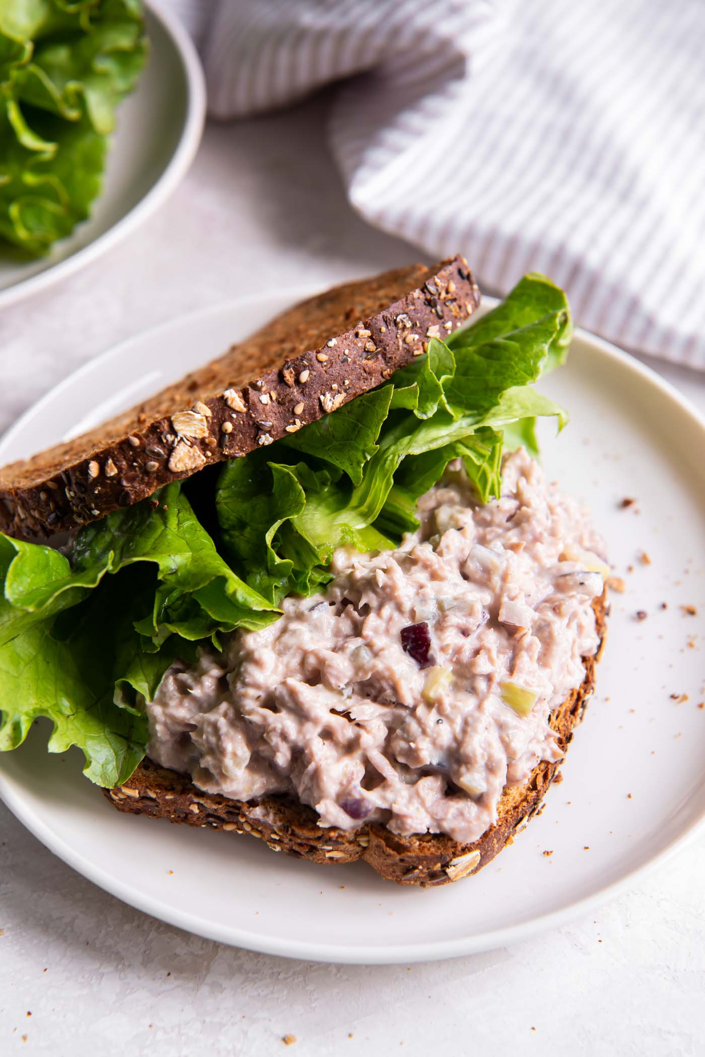Tuna salad served in a sandwich made with toasted whole grain bread and lettuce.