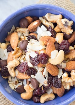 overhead view of trail mix in blue bowl