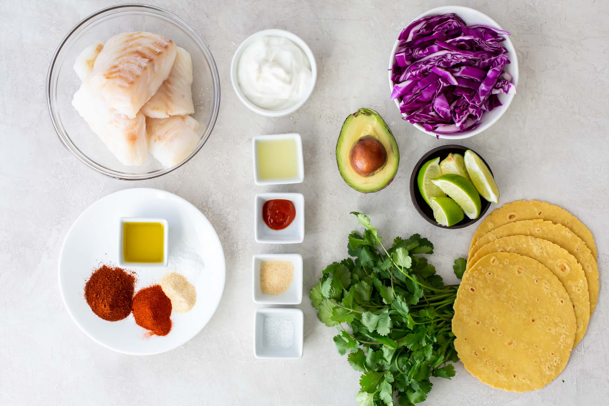 Ingredients for fish tacos recipe.