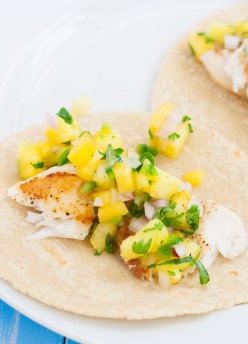 Close up of tilapia fish tacos with pineapple salsa.