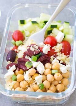 Meal Prep Chickpea Salad with fork