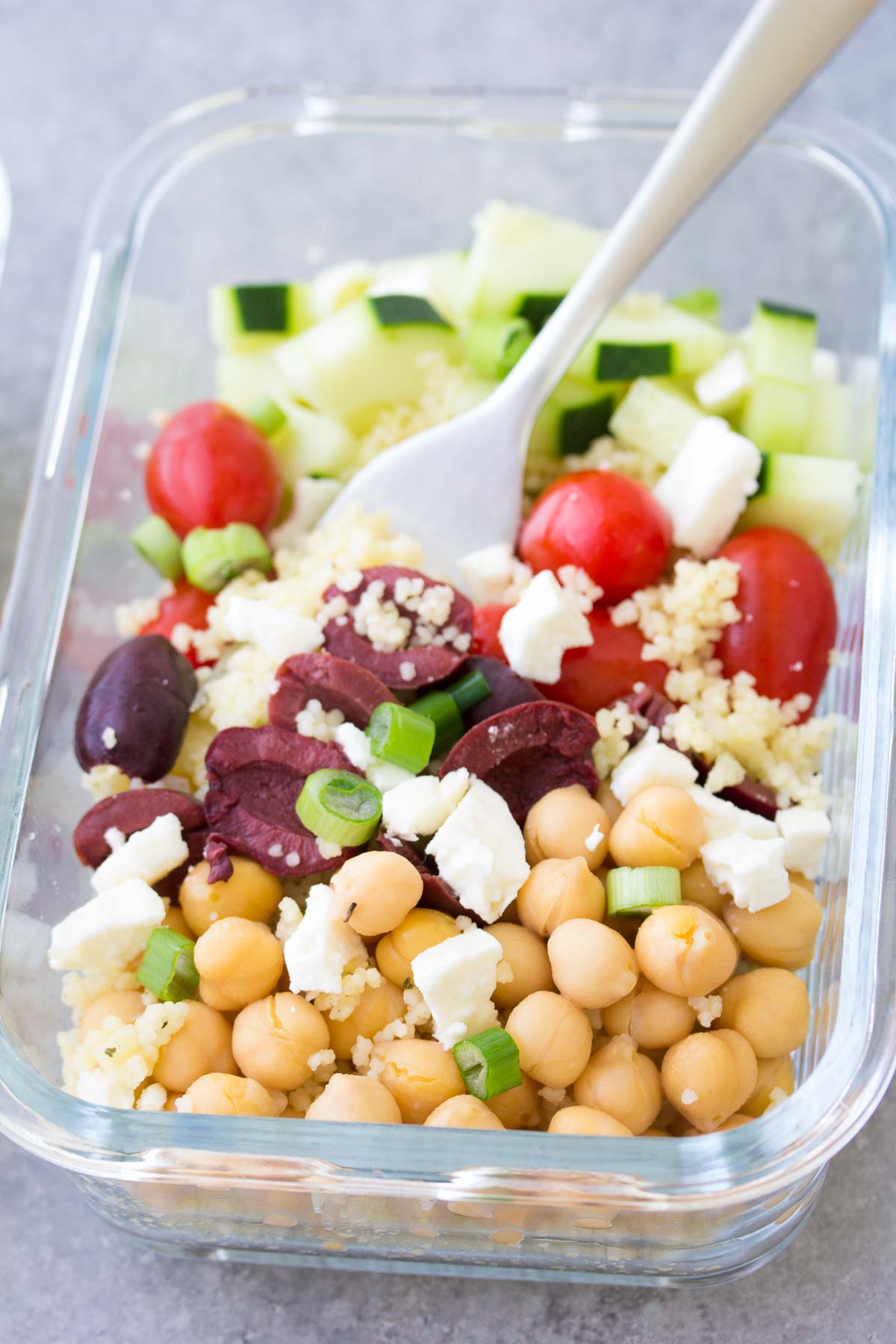 Meal Prep Chickpea Salad with fork