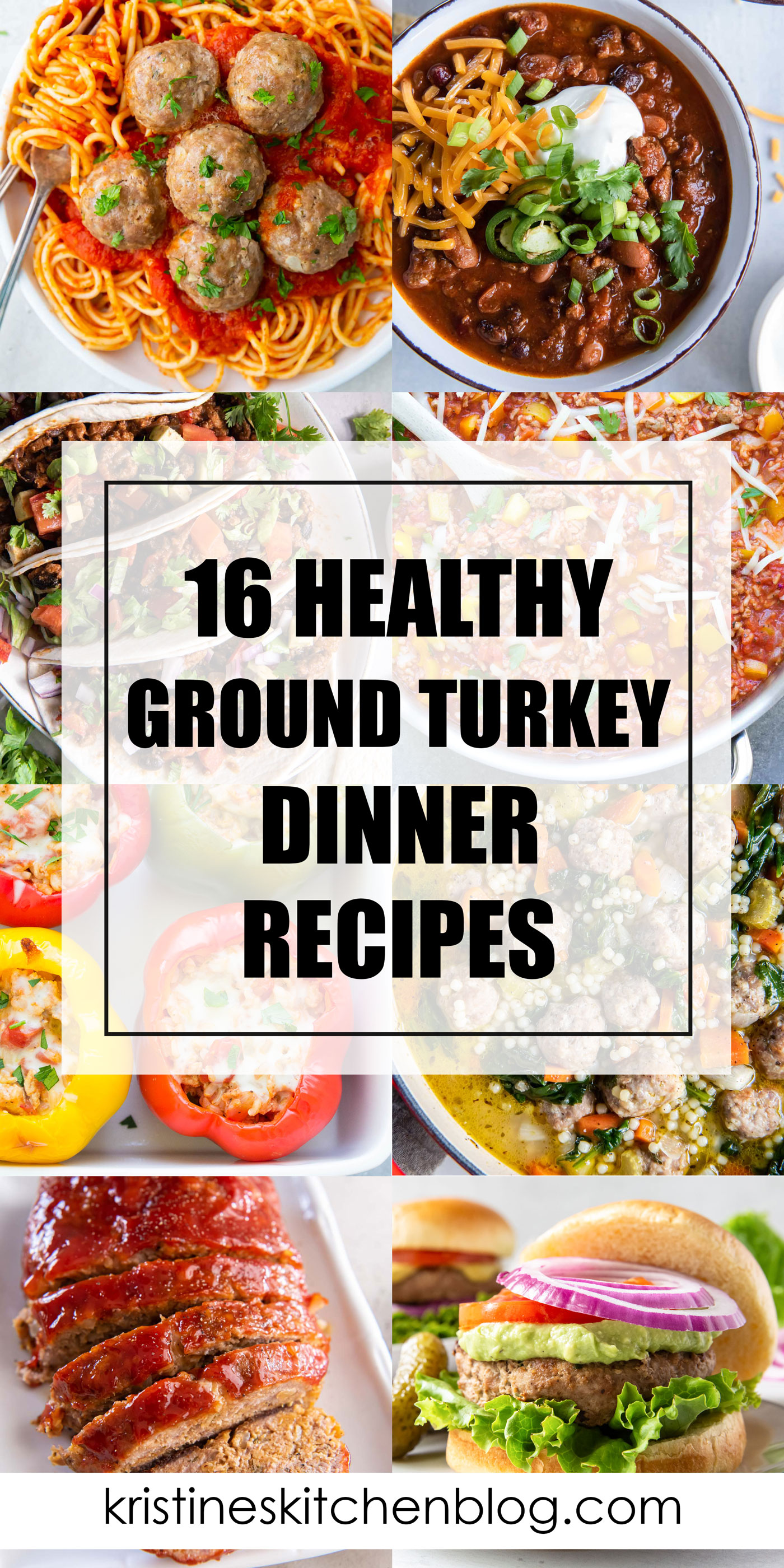 Collage of 8 photos of ground turkey dinner recipes with text overlay.