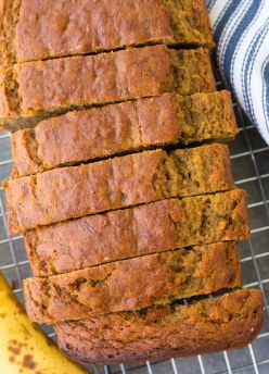 Loaf of healthy banana bread cut into slices.