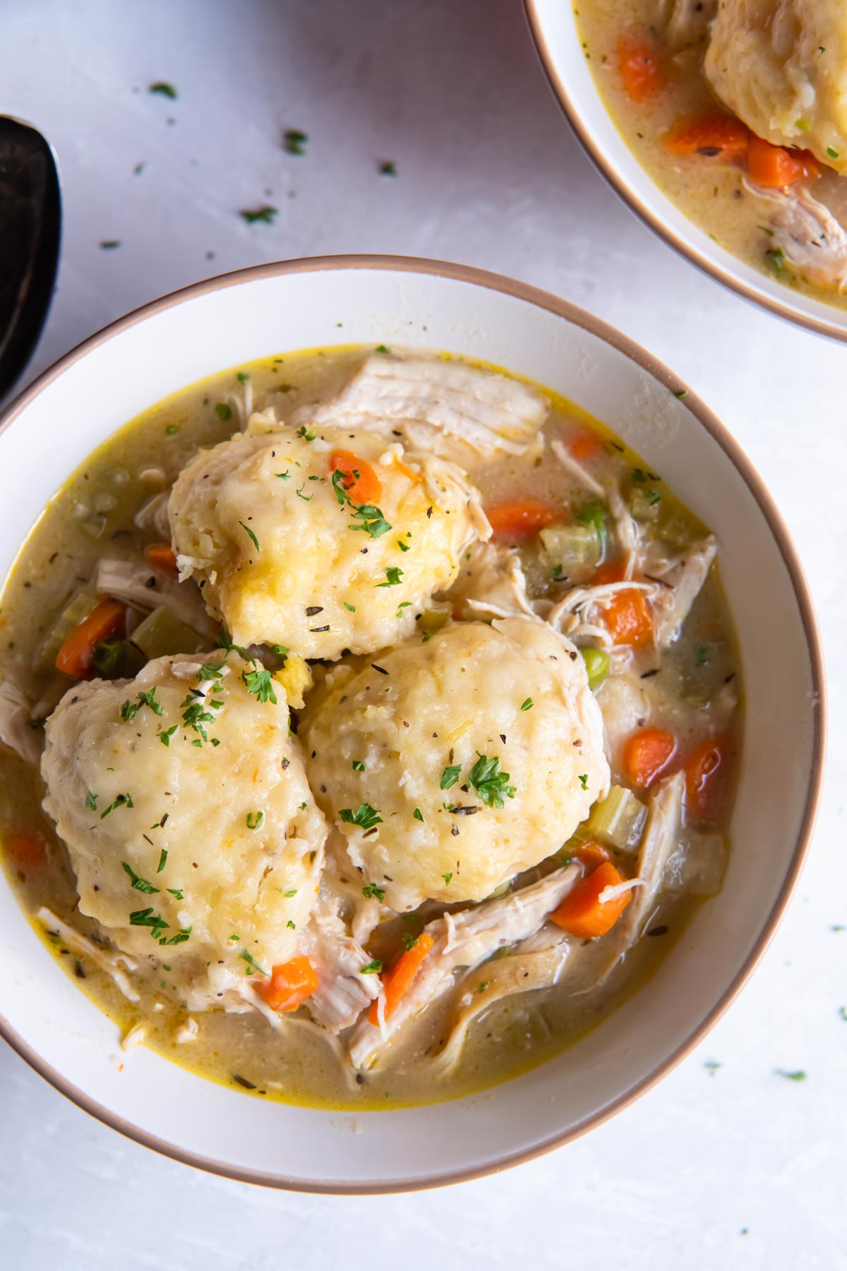 Chicken and dumplings served in a bowl.
