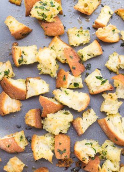 Crunchy homemade croutons baked in the oven.