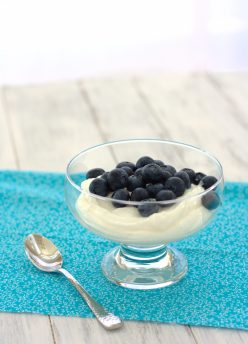 homemade greek yogurt in glass dish with blueberries on top