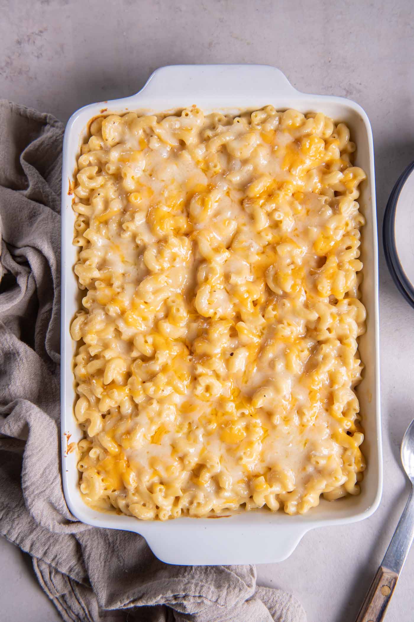 Baked mac and cheese in baking dish.