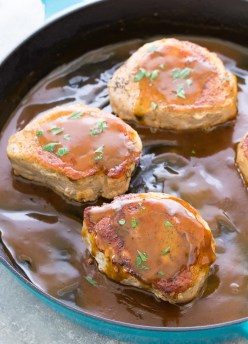 Pan seared pork chops with honey mustard sauce. These easy skillet pork chops are one of our favorite pork chop recipes!