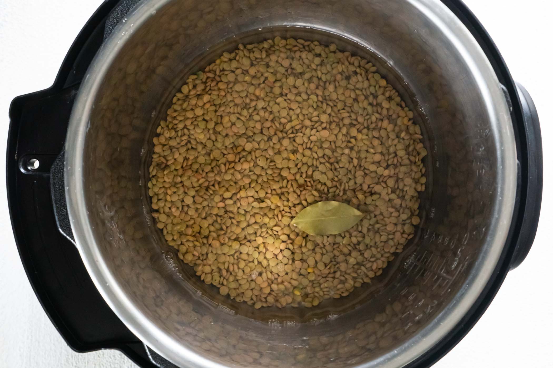 Uncooked lentils, water and seasonings in instant pot.
