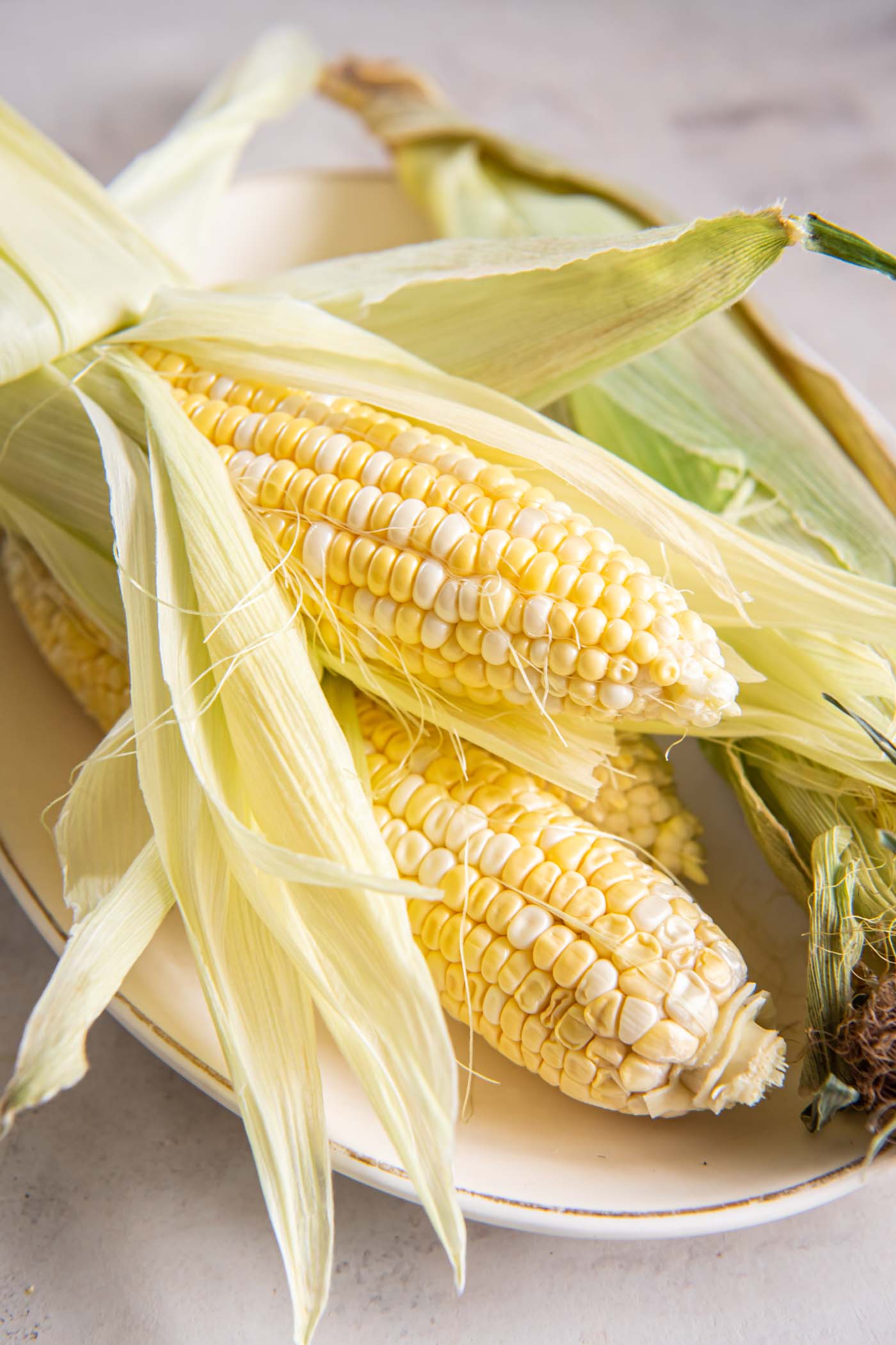 Partially shucked corn cobs on a plate.