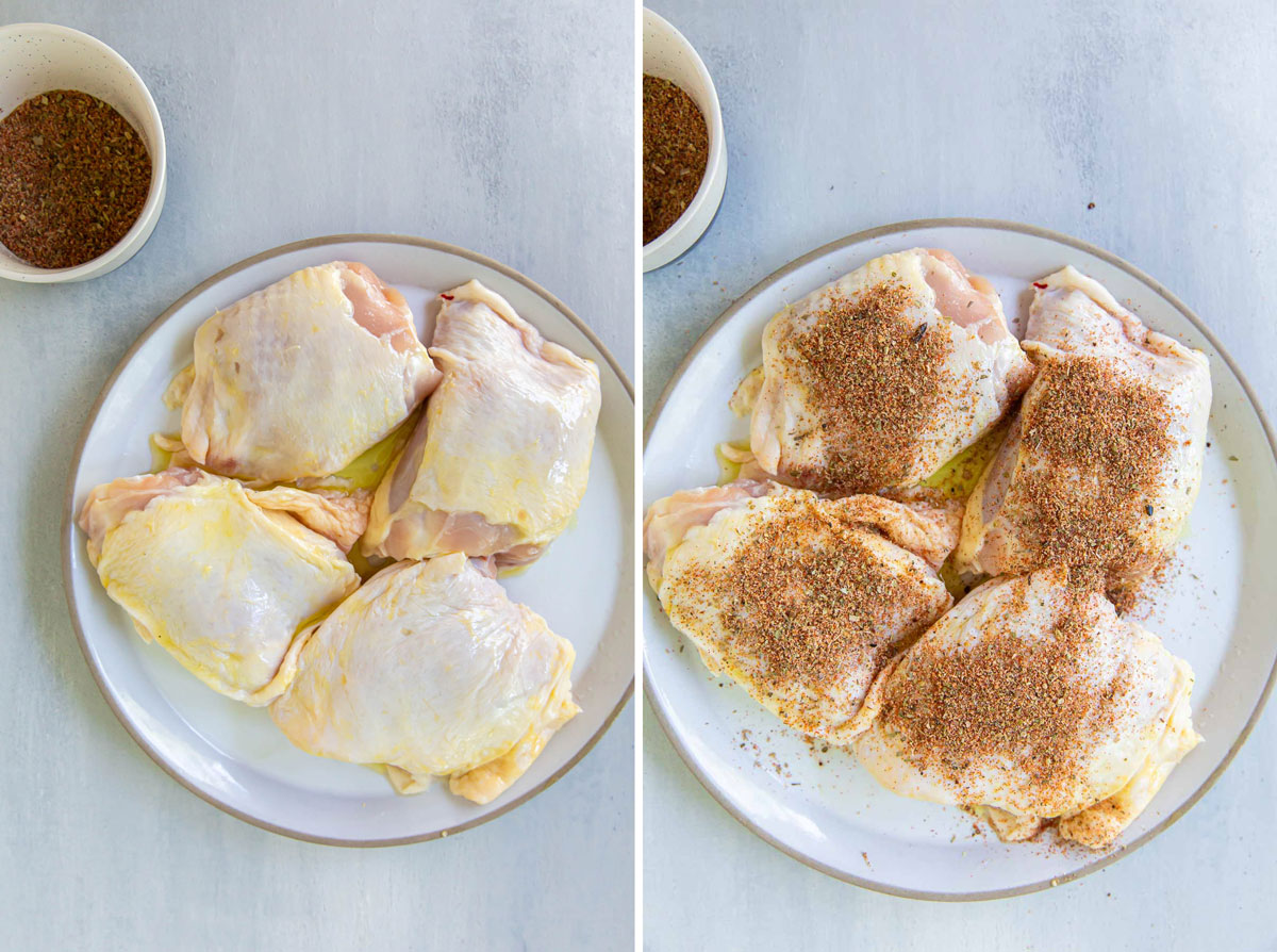 Two side by side photos showing raw chicken thighs rubbed with olive oil and then seasonings.