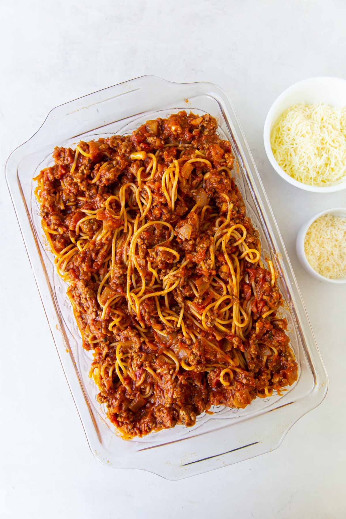 Spaghetti and meat sauce in baking dish.