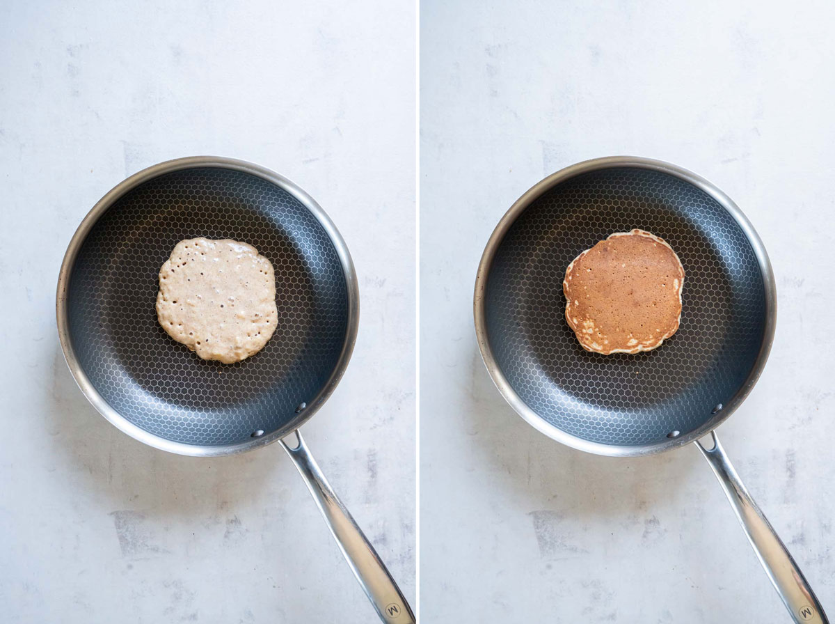Two side by side photos showing cooking pancake in skillet before and after flipping.