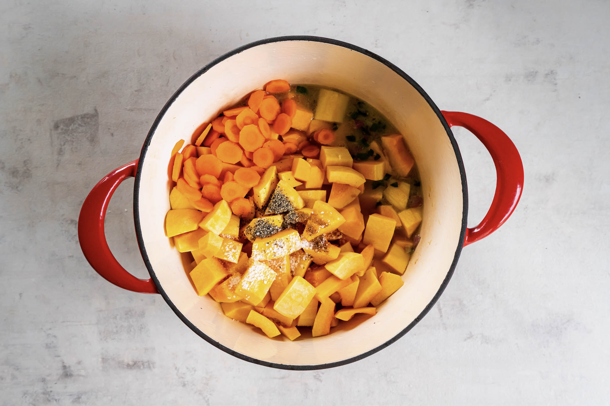 Broth, carrots, squash and seasonings added to pot.