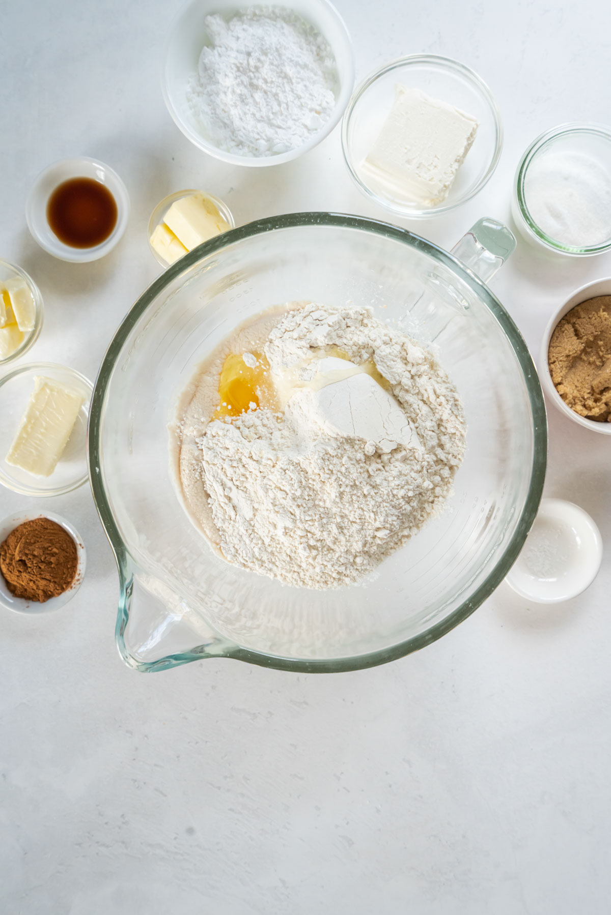 Flour, sugar, egg and salt added to mixer bowl.