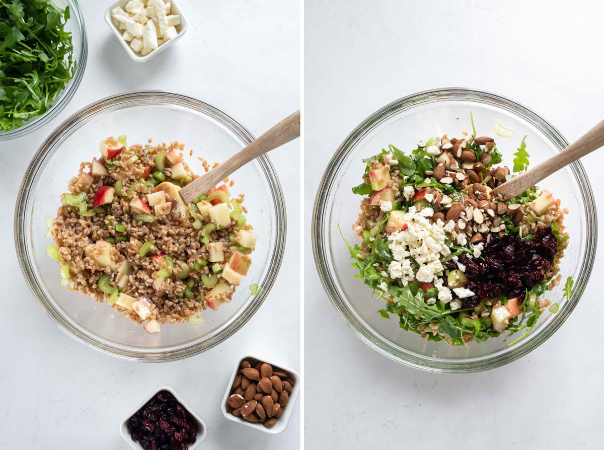 Two side by side photos showing ingredients added to salad bowl.