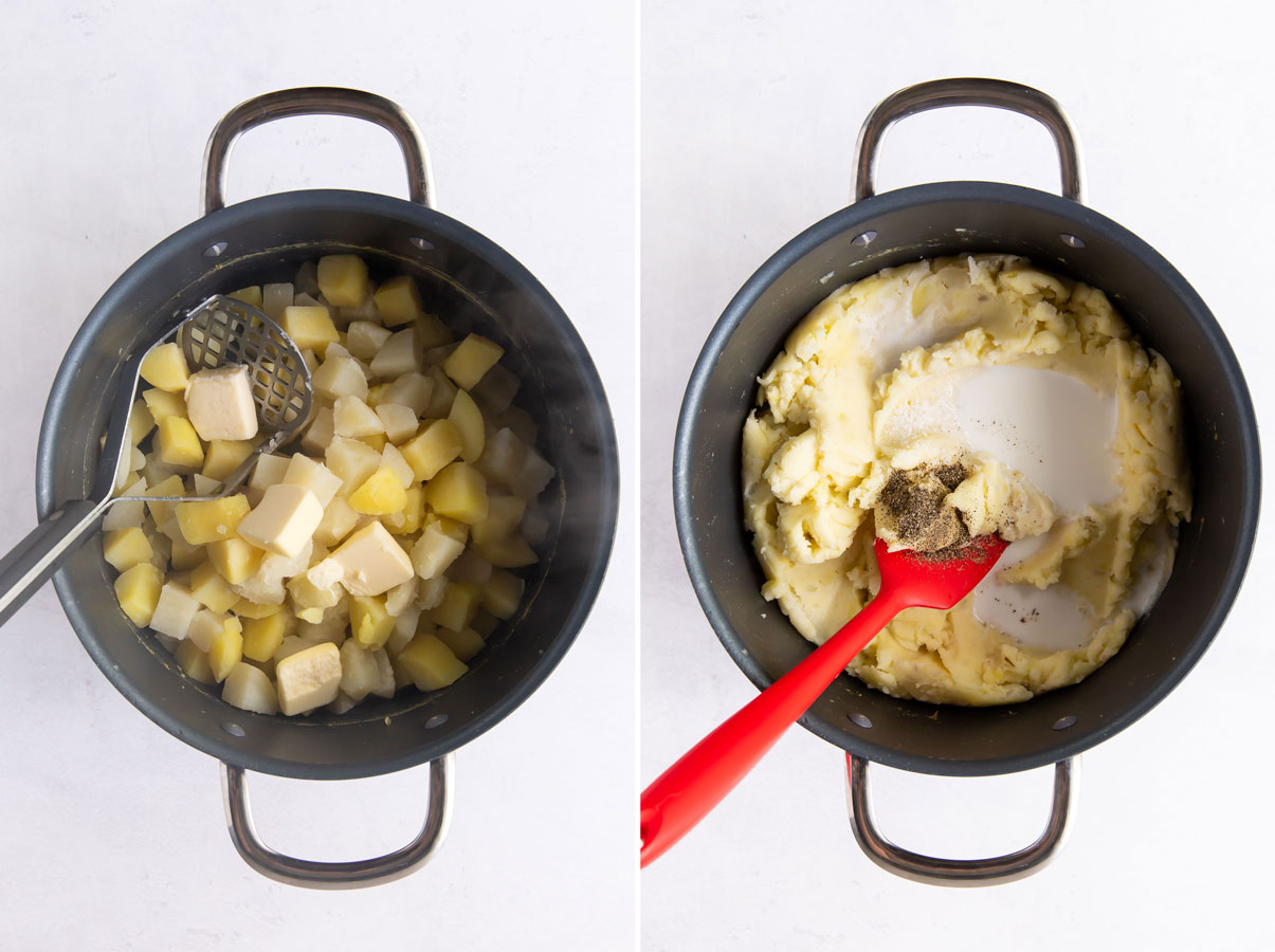 side by side photos: potatoes and butter in pot and mashed potatoes, milk, salt and pepper in pot