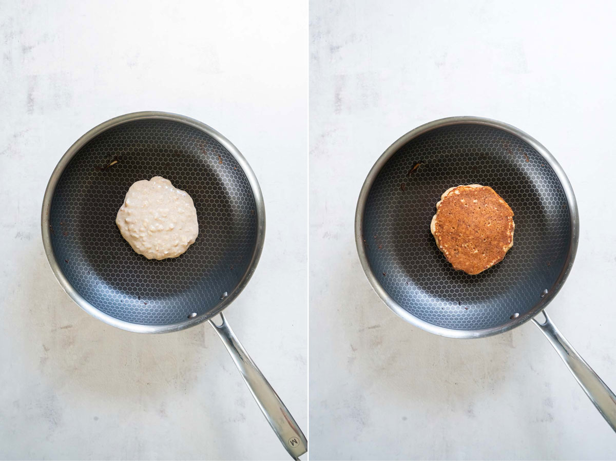 Two side by side photos showing pancake cooking in skillet before and after flipping.