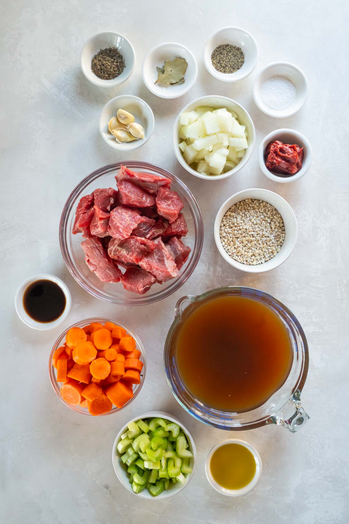 Ingredients for instant pot beef barley soup recipe.